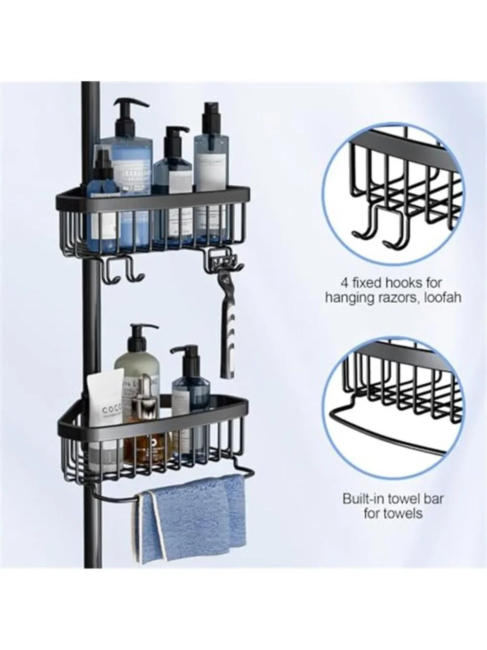 Corner Shower Caddy Tension Pole Adjustable Stainless Steel 4 Tier Basket Hooks